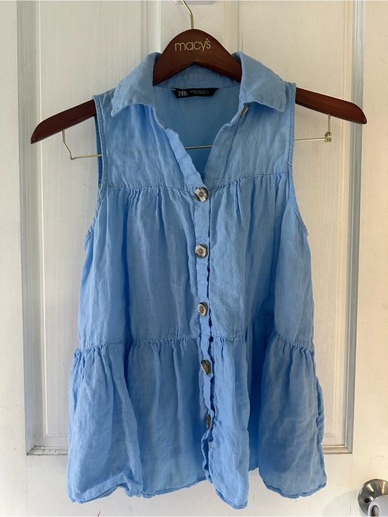 Zara Tops - Zara 100% Linen Sky Blue Tiered Button Front Sleeveless Blouse